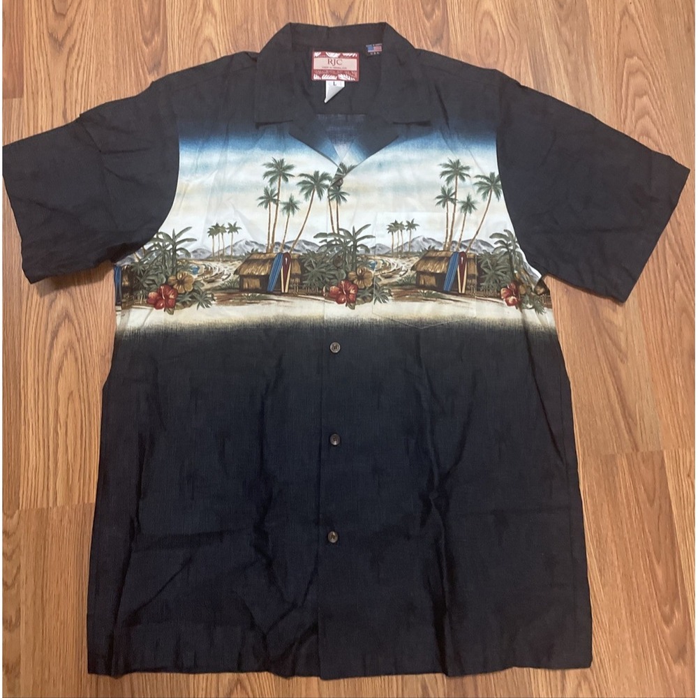 RJC Hawaiian Shirt Mens Large Surf Shack Double Sided Made In Hawaii Blue